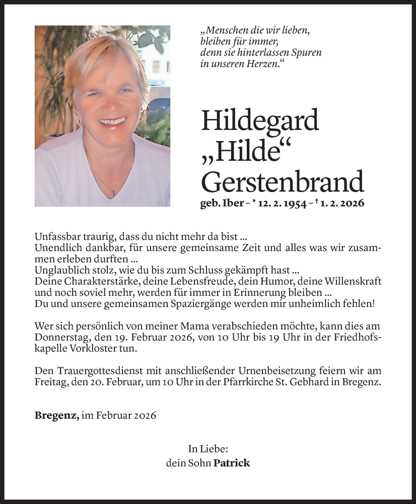  Todesanzeige für Hildegard Gerstenbrand vom 13.02.2026 aus Vorarlberger Nachrichten