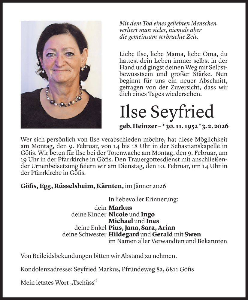  Todesanzeige für Ilse Seyfried vom 05.02.2026 aus Vorarlberger Nachrichten