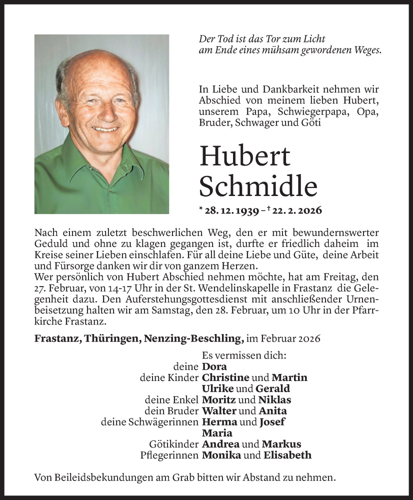  Todesanzeige für Hubert Schmidle vom 24.02.2026 aus Vorarlberger Nachrichten