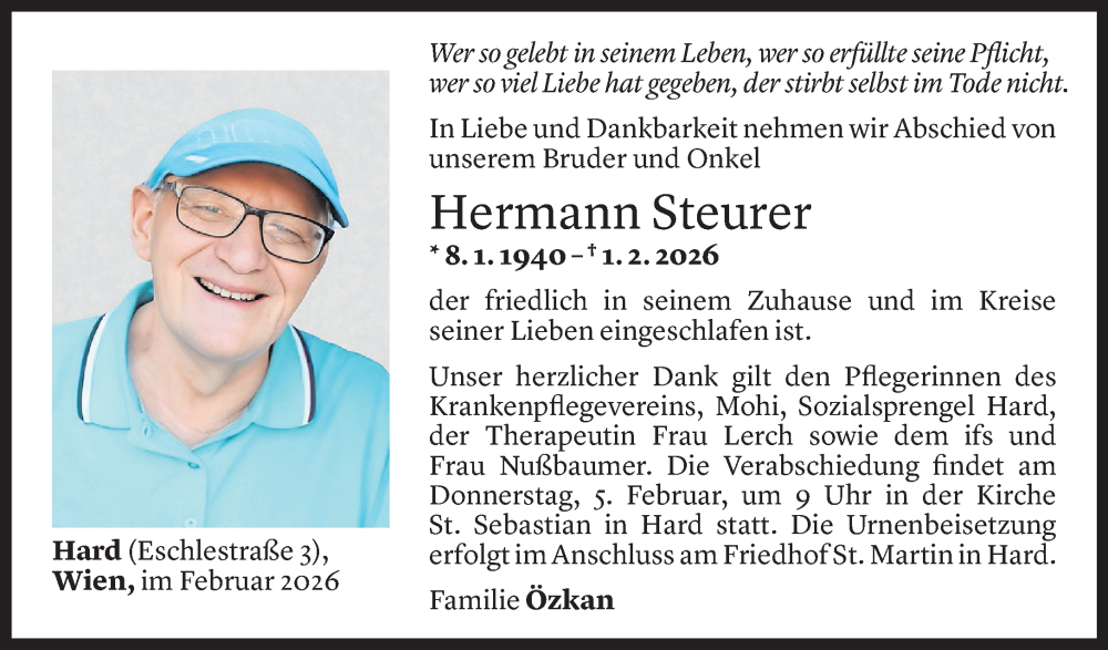  Todesanzeige für Hermann Steurer vom 03.02.2026 aus Vorarlberger Nachrichten
