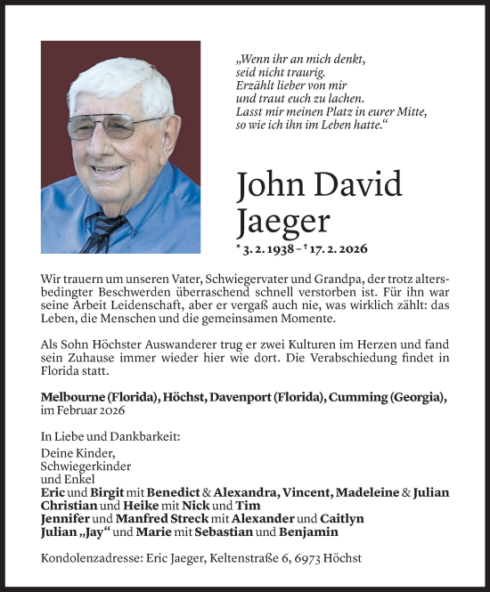 Todesanzeige von John David Jaeger von Vorarlberger Nachrichten