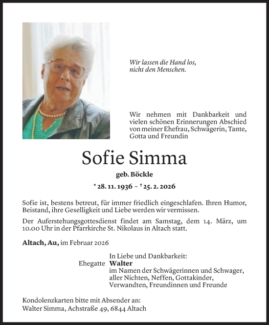 Todesanzeige von Sofie Simma von Vorarlberger Nachrichten