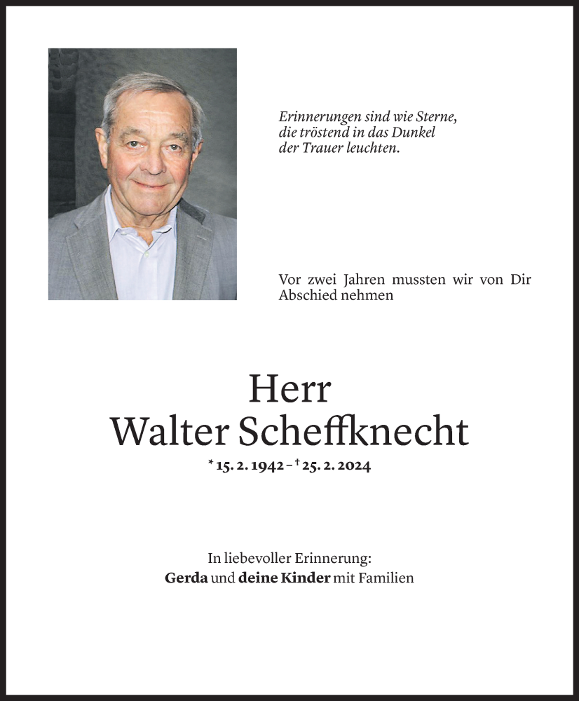  Todesanzeige für Walter Scheffknecht vom 24.02.2026 aus Vorarlberger Nachrichten