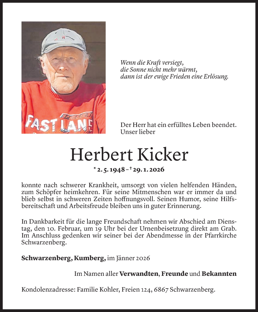  Todesanzeige für Herbert Kicker vom 04.02.2026 aus Vorarlberger Nachrichten