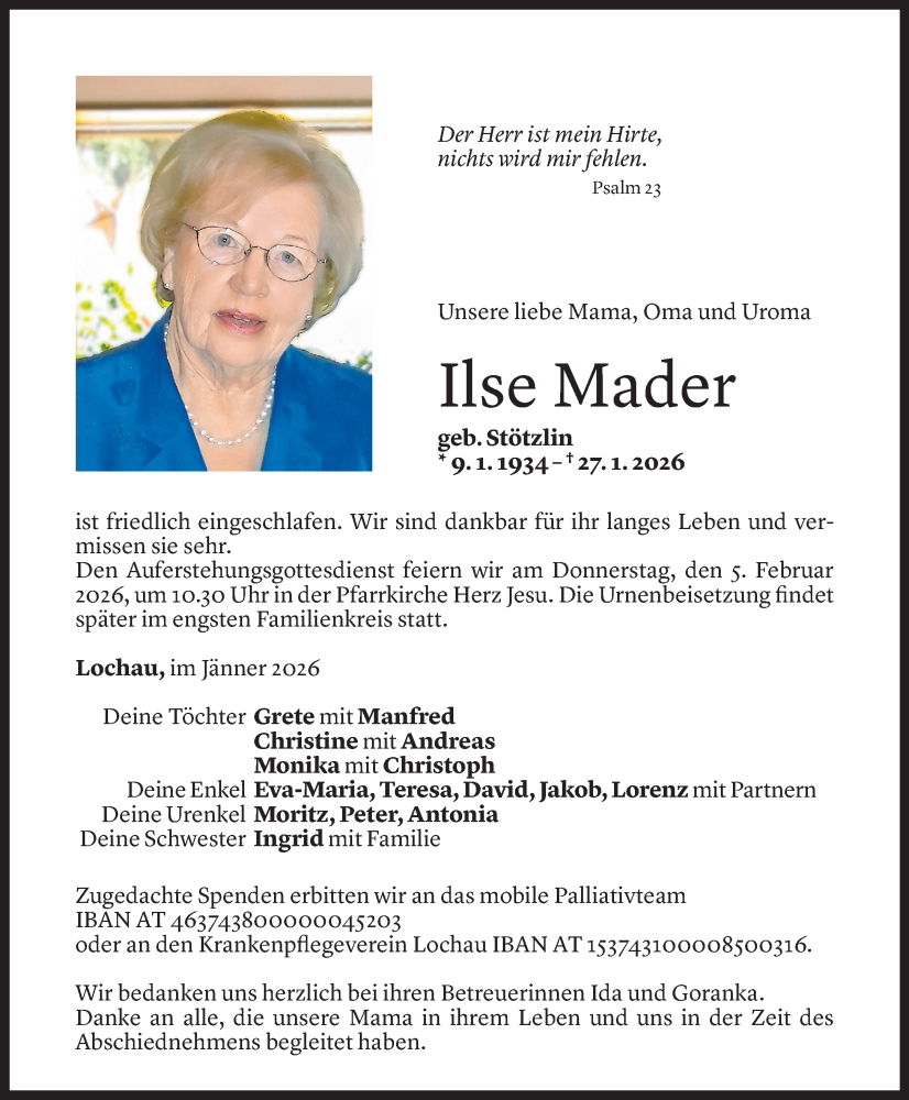  Todesanzeige für Ilse Mader vom 02.02.2026 aus Vorarlberger Nachrichten
