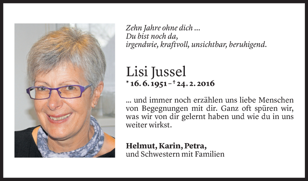  Todesanzeige für Lisi Jussel vom 23.02.2026 aus Vorarlberger Nachrichten