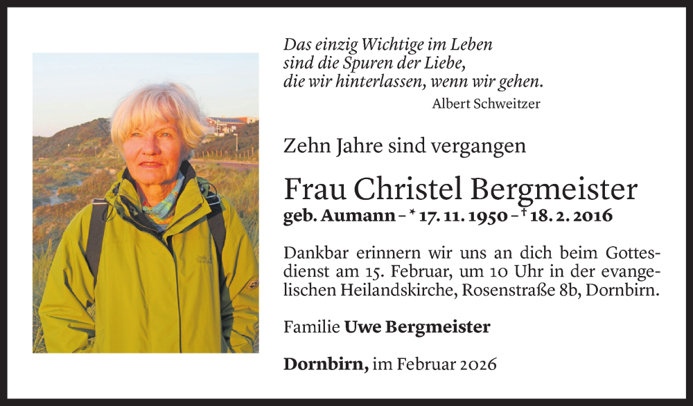  Todesanzeige für Christel Bergmeister vom 12.02.2026 aus Vorarlberger Nachrichten