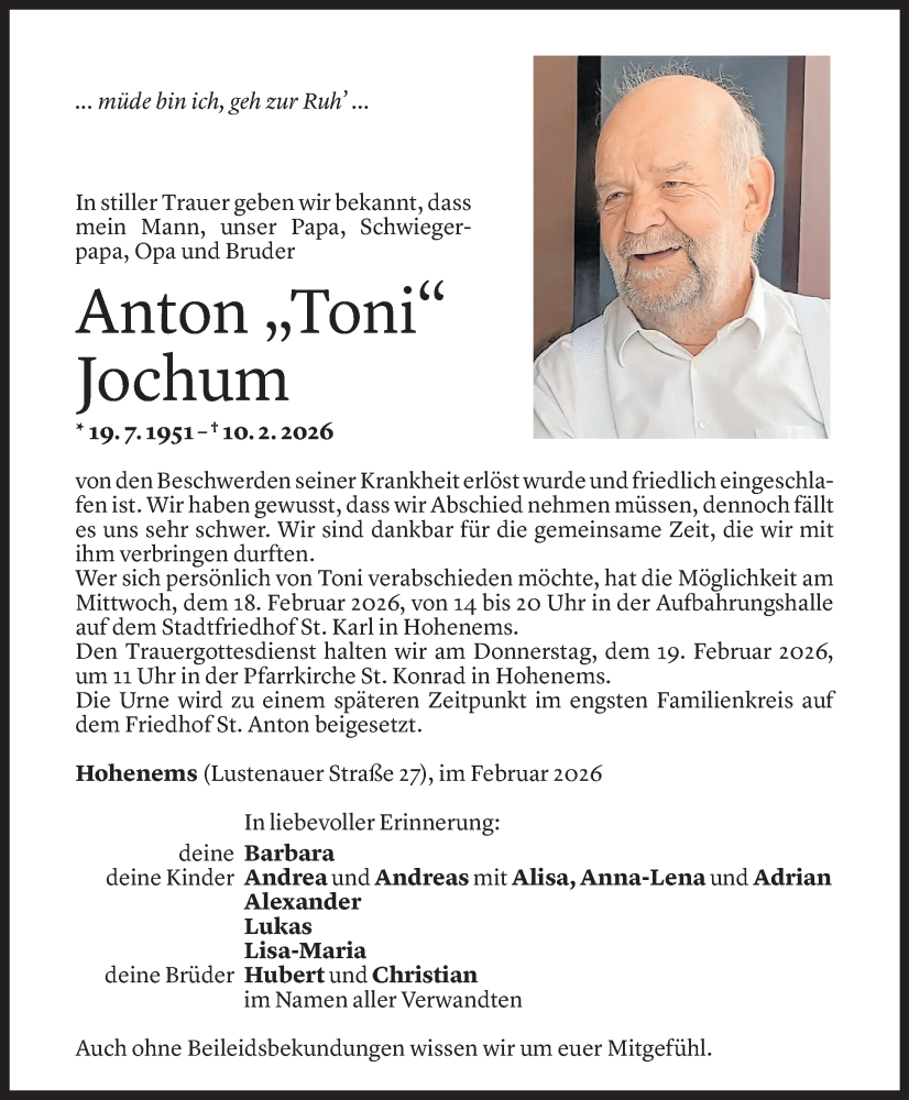  Todesanzeige für Anton Jochum vom 15.02.2026 aus Vorarlberger Nachrichten