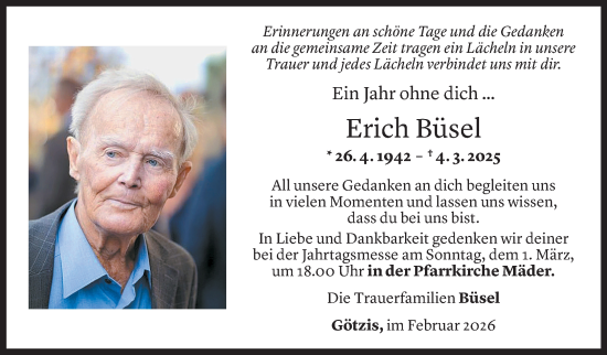 Todesanzeige von Erich Büsel von Vorarlberger Nachrichten