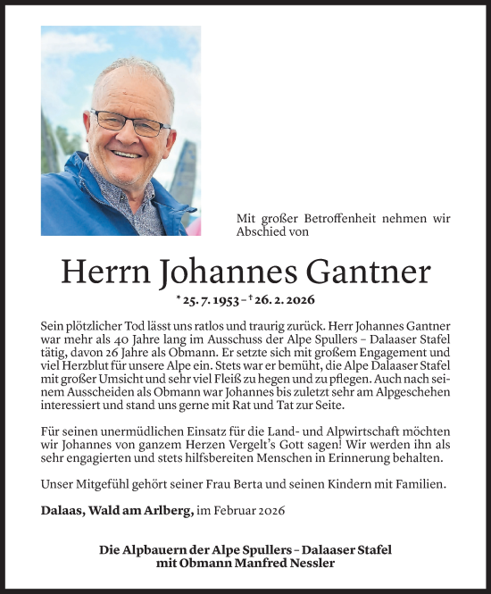 Todesanzeige von Johannes Gantner von Vorarlberger Nachrichten