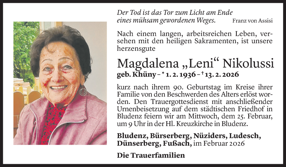  Todesanzeige für Magdalena Nikolussi vom 21.02.2026 aus Vorarlberger Nachrichten