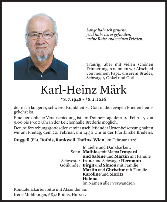 Todesanzeige von Karl-Heinz Märk von Vorarlberger Nachrichten