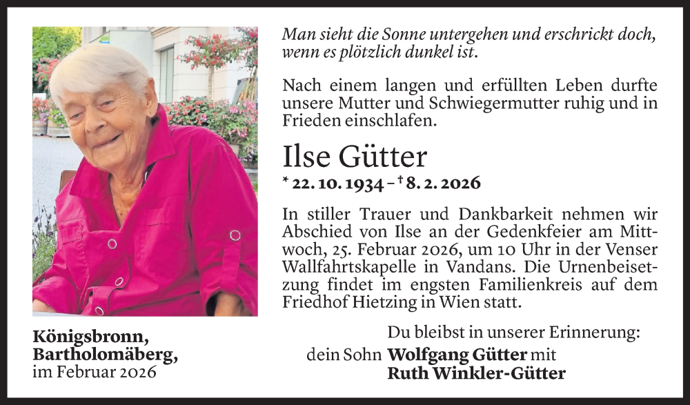  Todesanzeige für Ilse Gütter vom 12.02.2026 aus Vorarlberger Nachrichten