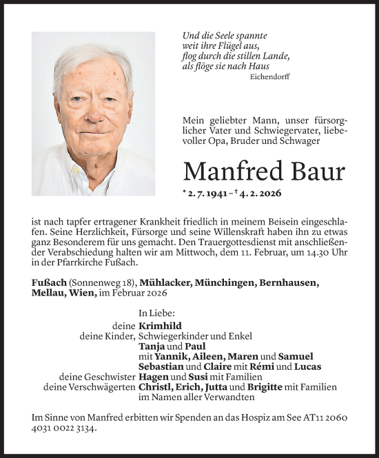 Todesanzeige von Manfred Baur von Vorarlberger Nachrichten