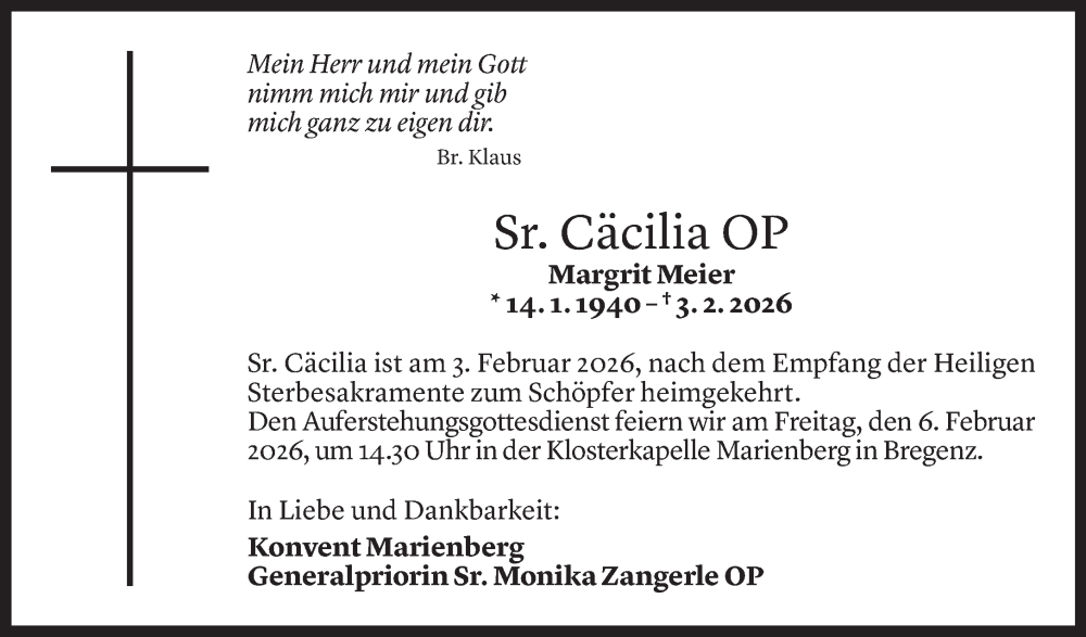  Todesanzeige für Margrit Meier vom 04.02.2026 aus Vorarlberger Nachrichten