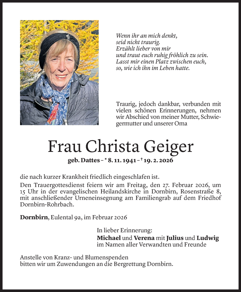  Todesanzeige für Christa Geiger vom 23.02.2026 aus Vorarlberger Nachrichten