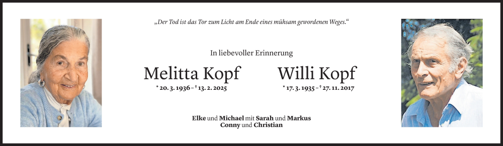  Todesanzeige für Melitta Kopf vom 10.02.2026 aus Vorarlberger Nachrichten