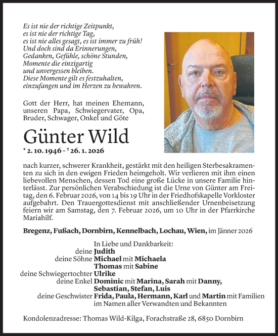 Todesanzeige von Günter Wild von Vorarlberger Nachrichten