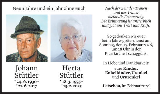 Todesanzeige von Johann Stüttler von Vorarlberger Nachrichten