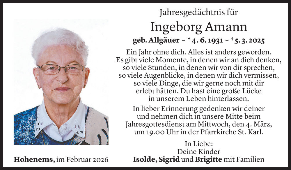  Todesanzeige für Ingeborg Amann vom 28.02.2026 aus Vorarlberger Nachrichten