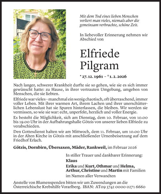Todesanzeige von Elfriede Pilgram von Vorarlberger Nachrichten
