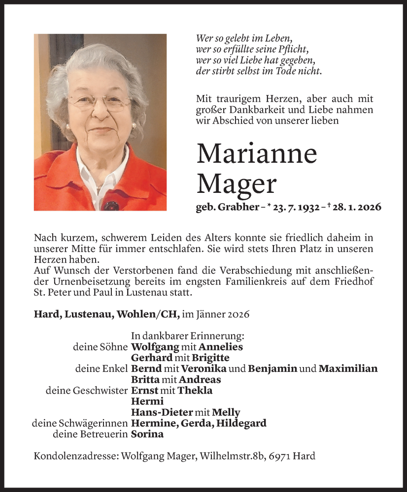  Todesanzeige für Marianne Mager vom 11.02.2026 aus Vorarlberger Nachrichten