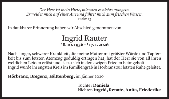 Todesanzeige von Ingrid Rauter von Vorarlberger Nachrichten