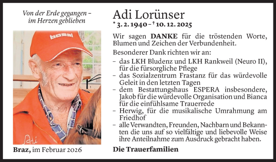 Todesanzeige von Adi Lorünser von Vorarlberger Nachrichten
