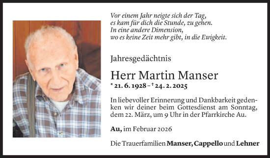 Todesanzeige von Martin Manser von Vorarlberger Nachrichten