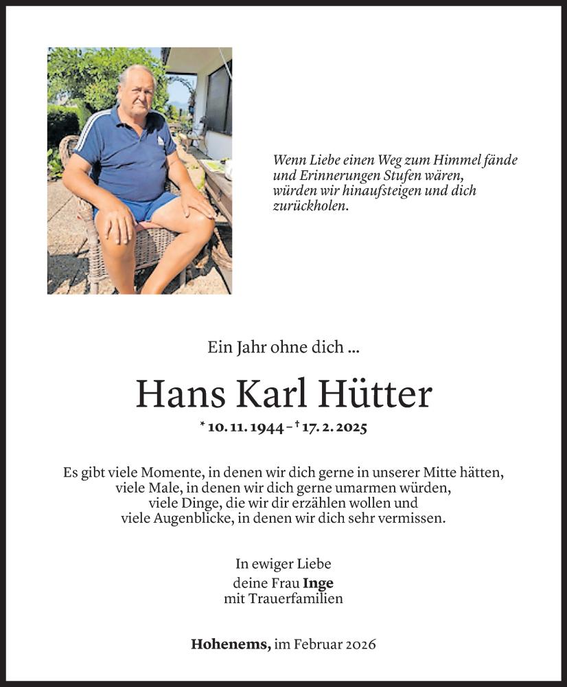  Todesanzeige für Hans Karl Hütter vom 16.02.2026 aus Vorarlberger Nachrichten