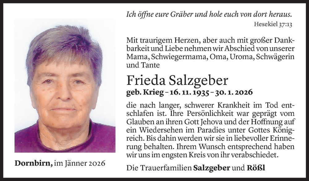  Todesanzeige für Frieda Salzgeber vom 07.02.2026 aus Vorarlberger Nachrichten