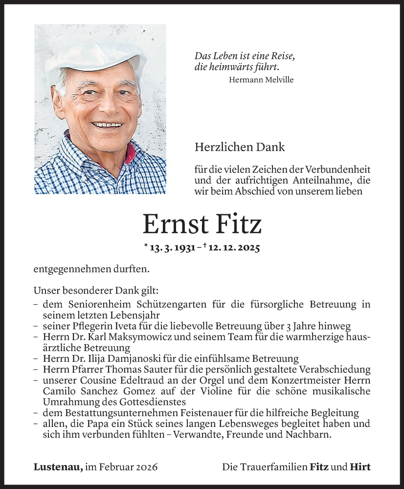  Todesanzeige für Ernst Fitz vom 03.02.2026 aus Vorarlberger Nachrichten