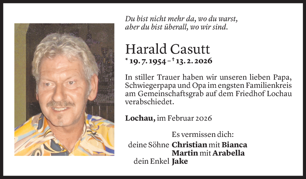 Todesanzeige für Harald Casutt vom 28.02.2026 aus Vorarlberger Nachrichten