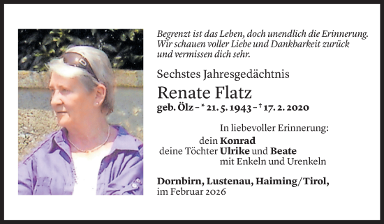 Todesanzeige von Renate Flatz von Vorarlberger Nachrichten