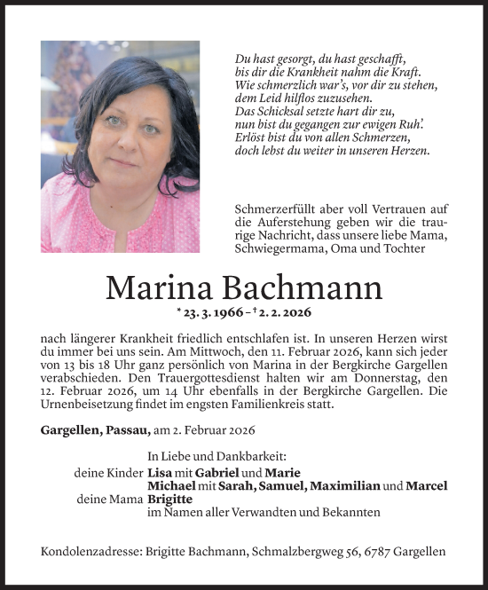 Todesanzeige von Marina Bachmann von Vorarlberger Nachrichten