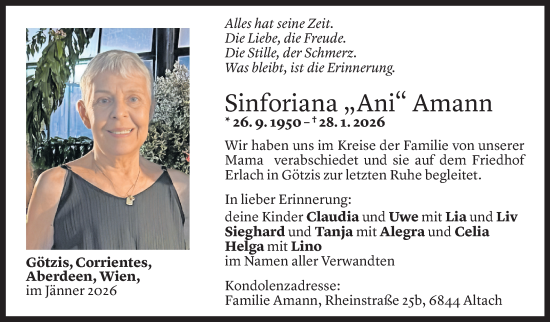 Todesanzeige von Sinforiana Amann von Vorarlberger Nachrichten