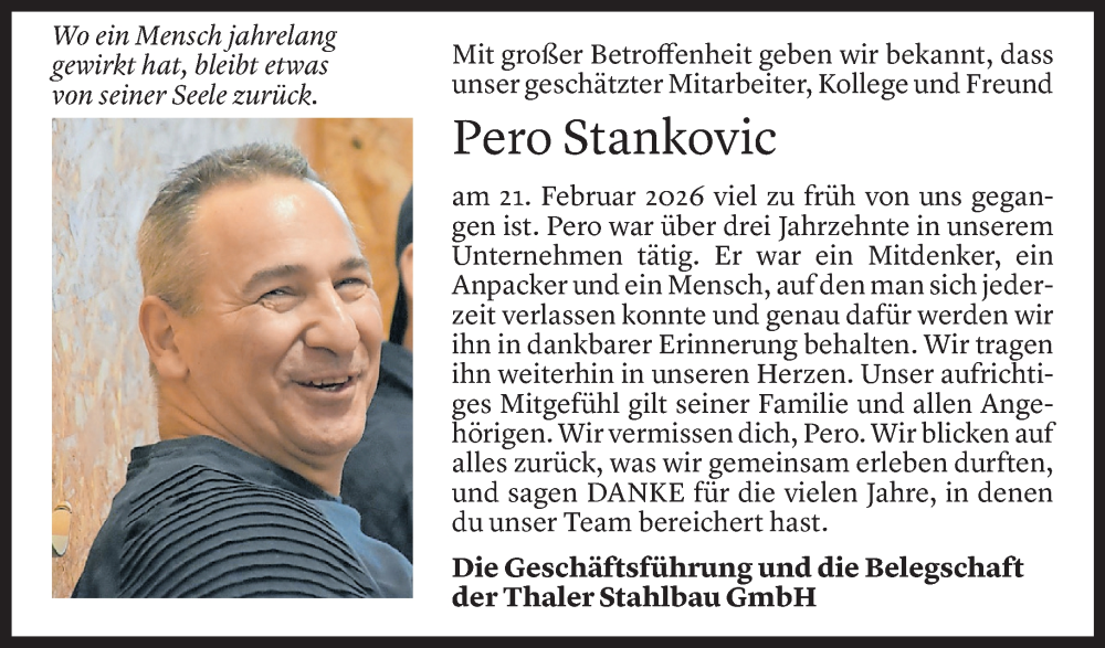  Todesanzeige für Pero Stankovic vom 23.02.2026 aus Vorarlberger Nachrichten