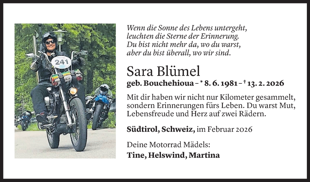  Todesanzeige für Sara Blümel vom 20.02.2026 aus Vorarlberger Nachrichten