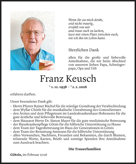 Todesanzeige von Franz Keusch von Vorarlberger Nachrichten