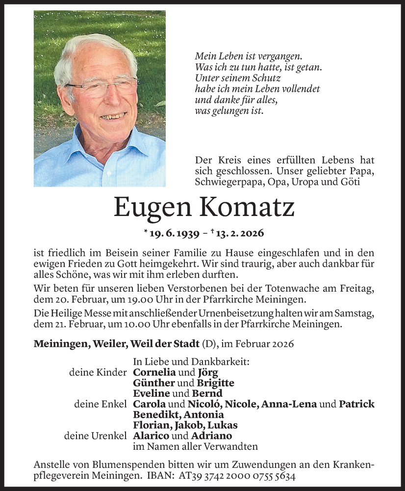  Todesanzeige für Eugen Komatz vom 17.02.2026 aus Vorarlberger Nachrichten
