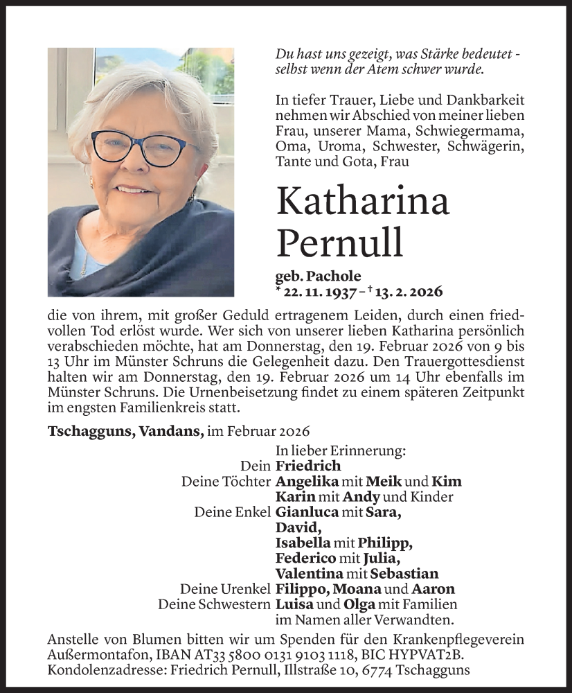  Todesanzeige für Katharina Pernull vom 15.02.2026 aus Vorarlberger Nachrichten