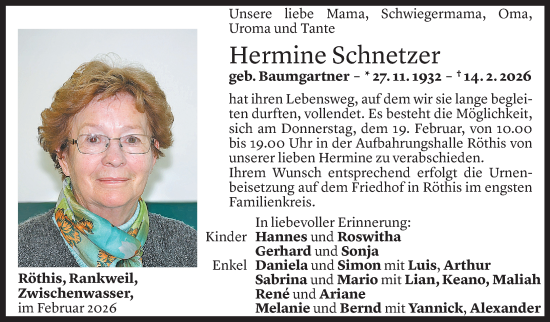 Todesanzeige von Hermine Schnetzer von Vorarlberger Nachrichten