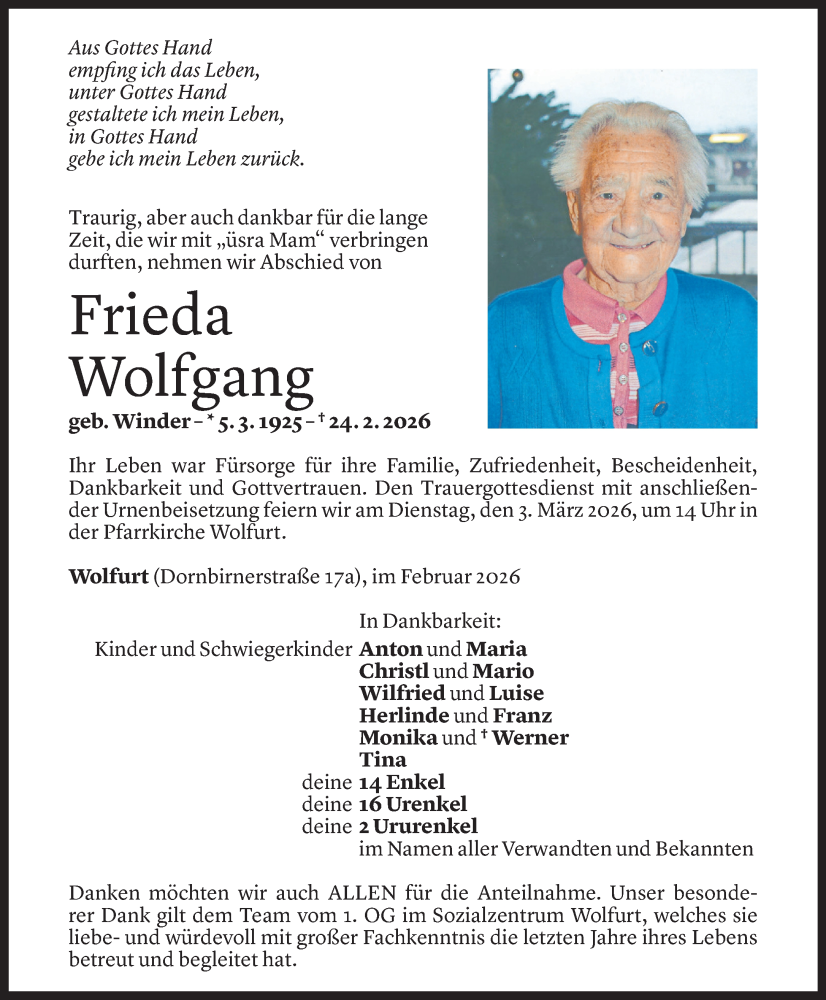  Todesanzeige für Frieda Wolfgang vom 27.02.2026 aus Vorarlberger Nachrichten