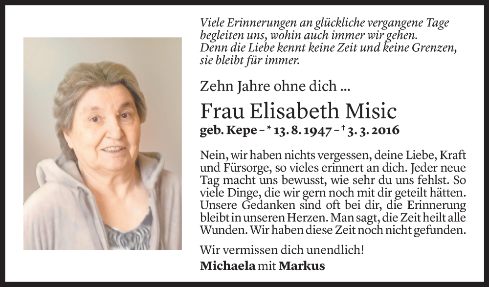  Todesanzeige für Elisabeth Misic vom 28.02.2026 aus Vorarlberger Nachrichten