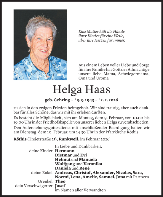Todesanzeige von Helga Haas von Vorarlberger Nachrichten