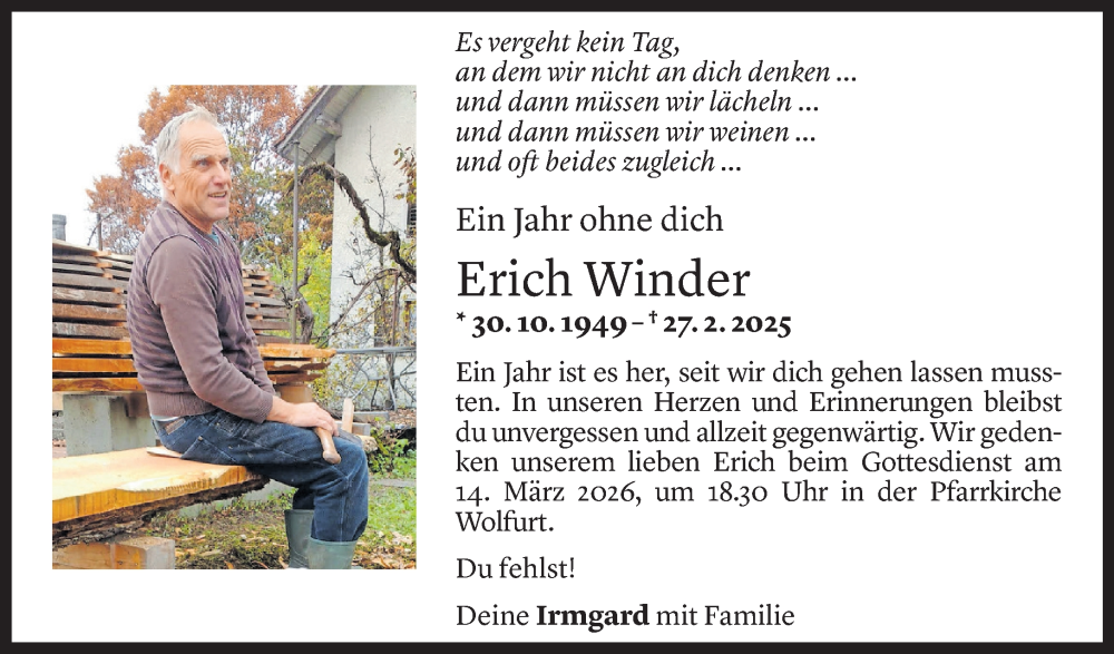  Todesanzeige für Erich Winder vom 26.02.2026 aus Vorarlberger Nachrichten