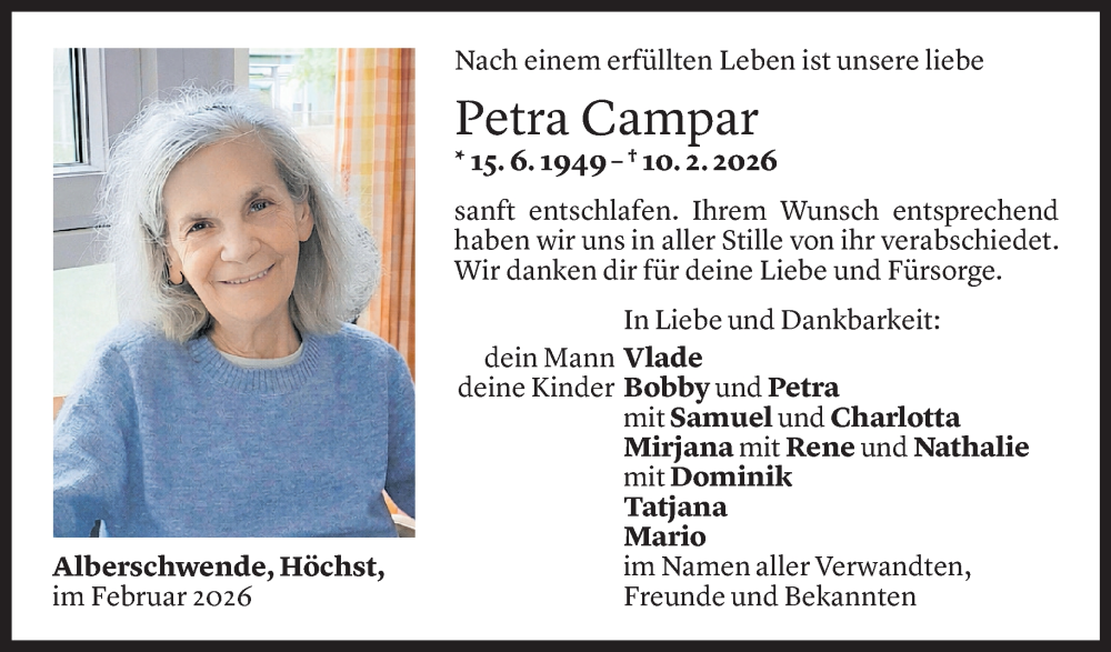  Todesanzeige für Petra Campar vom 21.02.2026 aus Vorarlberger Nachrichten
