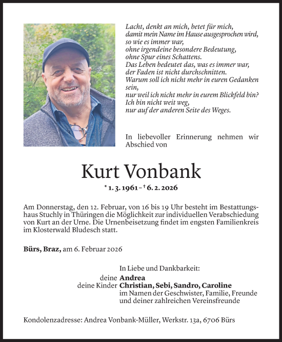 Todesanzeige von Kurt Vonbank von Vorarlberger Nachrichten