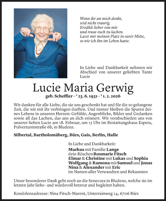 Todesanzeige von Lucie Maria Gerwig von Vorarlberger Nachrichten