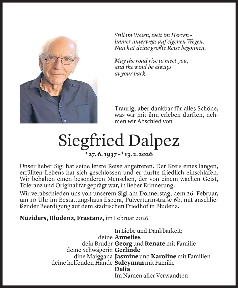  Todesanzeige für Siegfried Dalpez vom 24.02.2026 aus vn